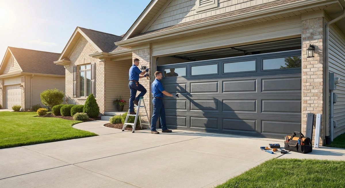 Two installers on ladders beside a dark garage door at a stone-front house