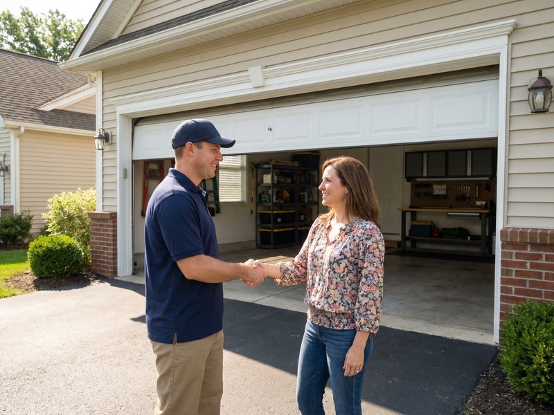 A man in a blue shirt speaking with a woman beside an open garage