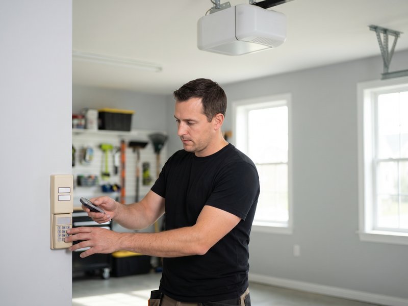 Worker on a stepladder mounting a ceiling opener bracket