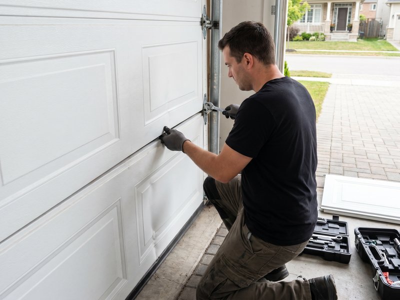 Worker kneeling beside a white door section on a driveway