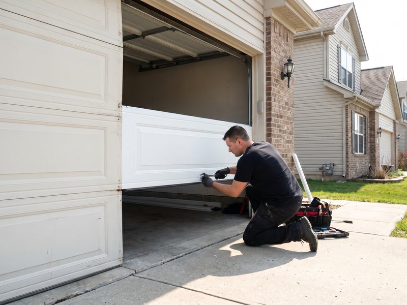 Worker fastening a hinge on the inside of a white door section