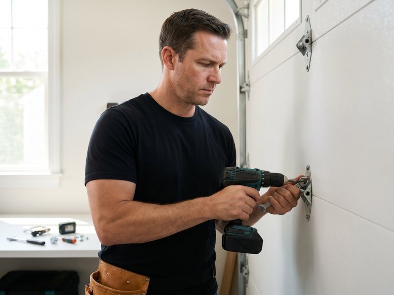Technician fastening a hinge on a sectional garage door