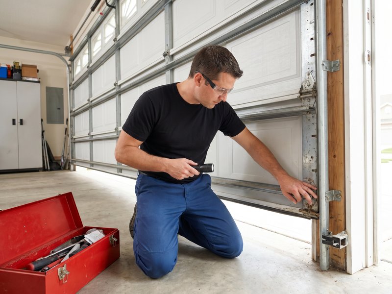 Technician kneeling beside a closed garage door and checking the vertical track with a flashlight