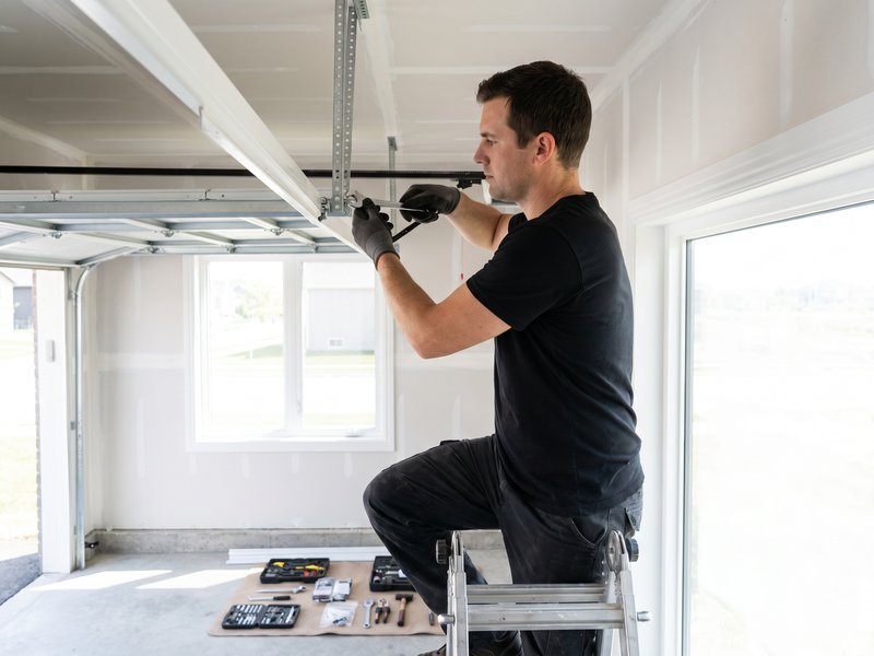 Worker kneeling on a ladder while checking a track mounting point