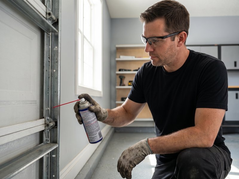 Worker holding a spray can beside a garage door hinge