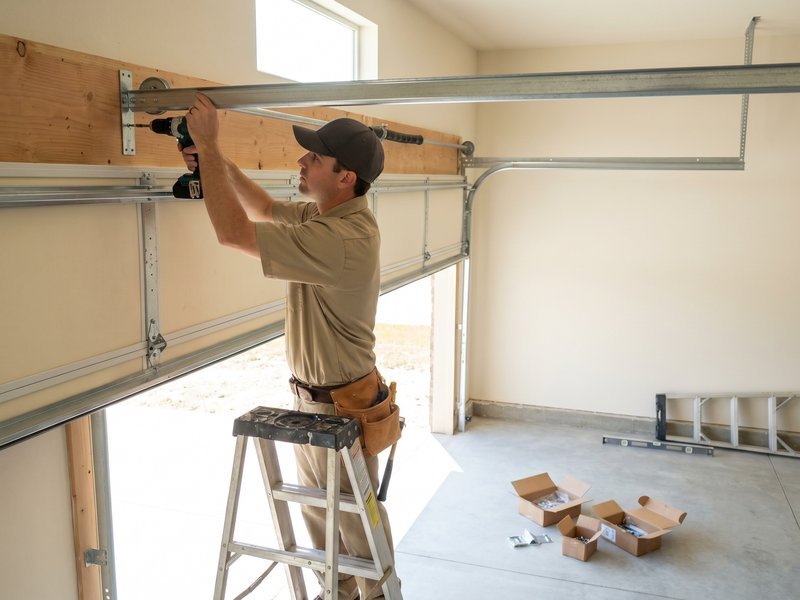Installer on a ladder working above an empty garage opening