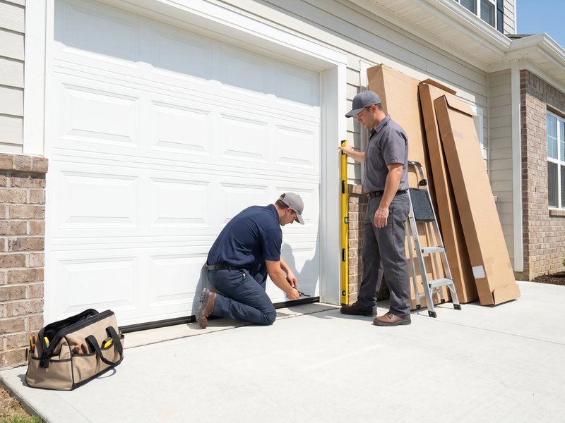 Two installers aligning a white garage door section at the opening
